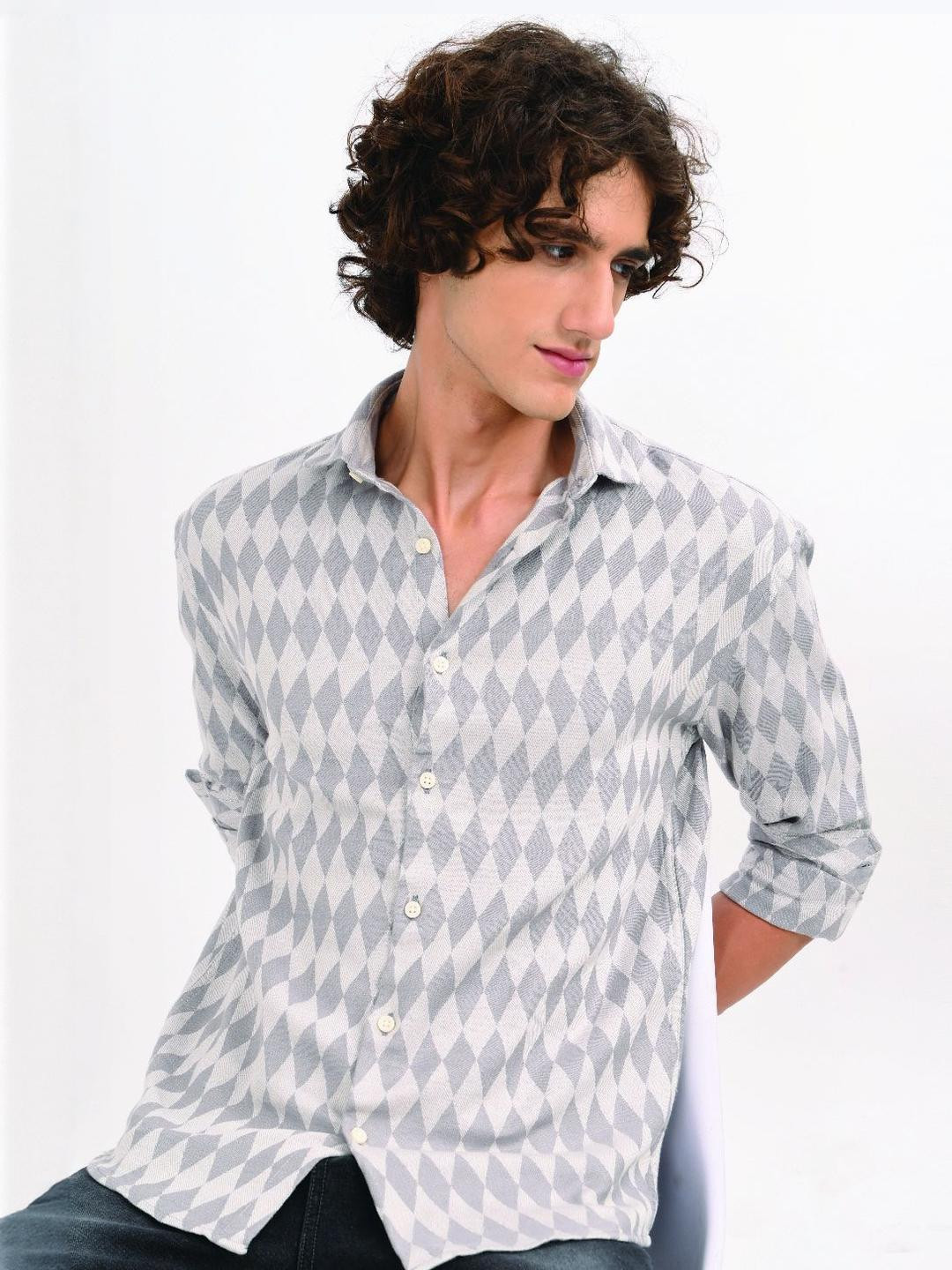 Blu MNKY Classic Slim Fit Diamond Printed Cotton Casual Shirt