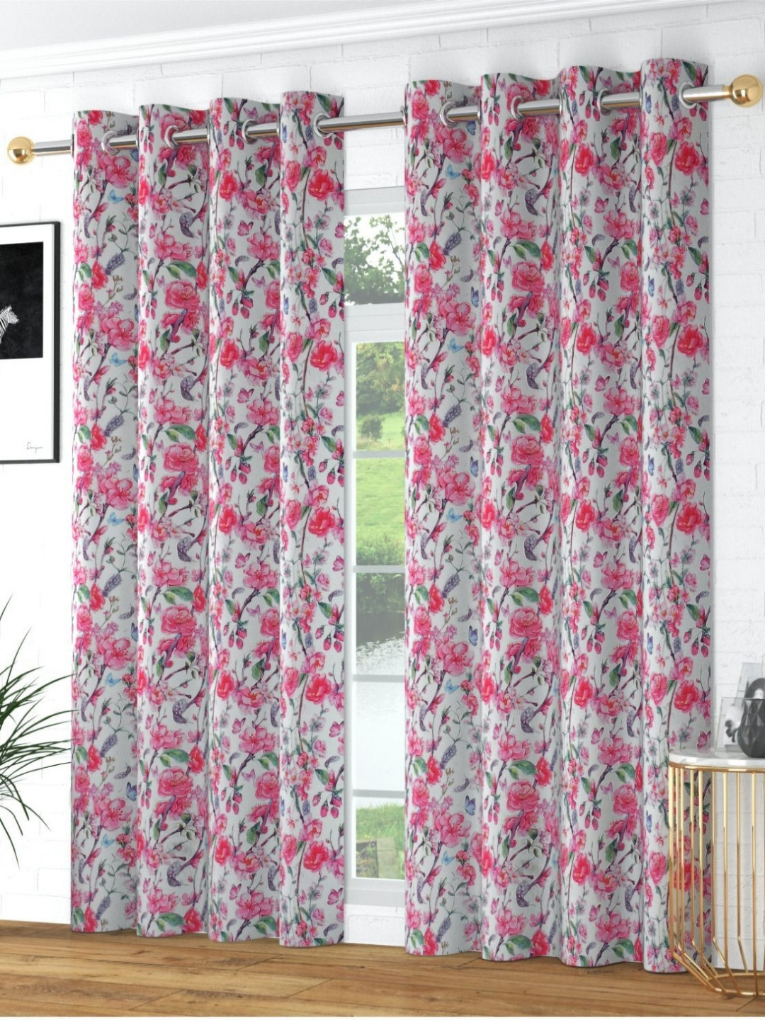 Aura White & Pink 2 Pieces Floral Printed Long Door Curtains