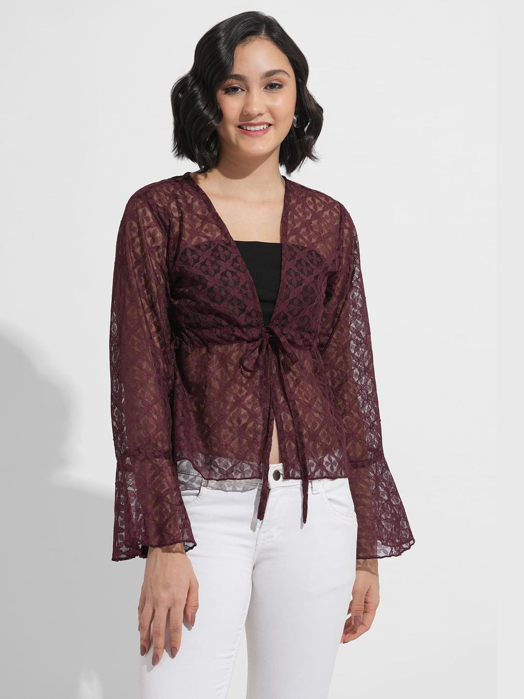 DressBerry Women Self Design Bell Sleeve Lace Cape Crop Top