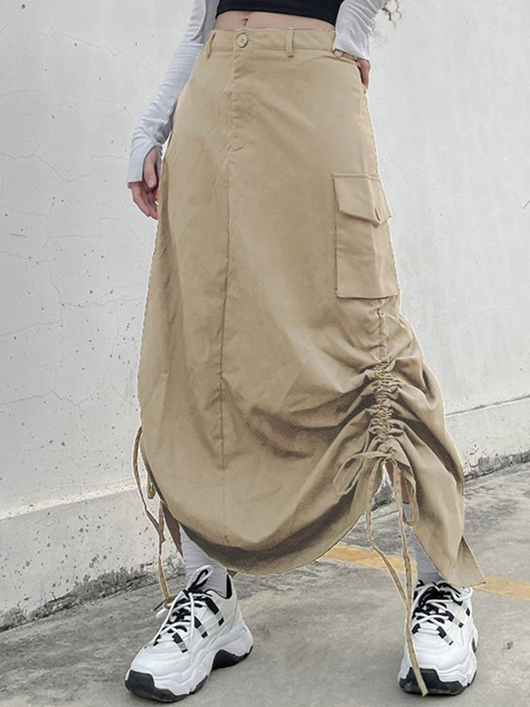 StyleCast Ruched Drawstring Cargo A-Line Maxi Skirt