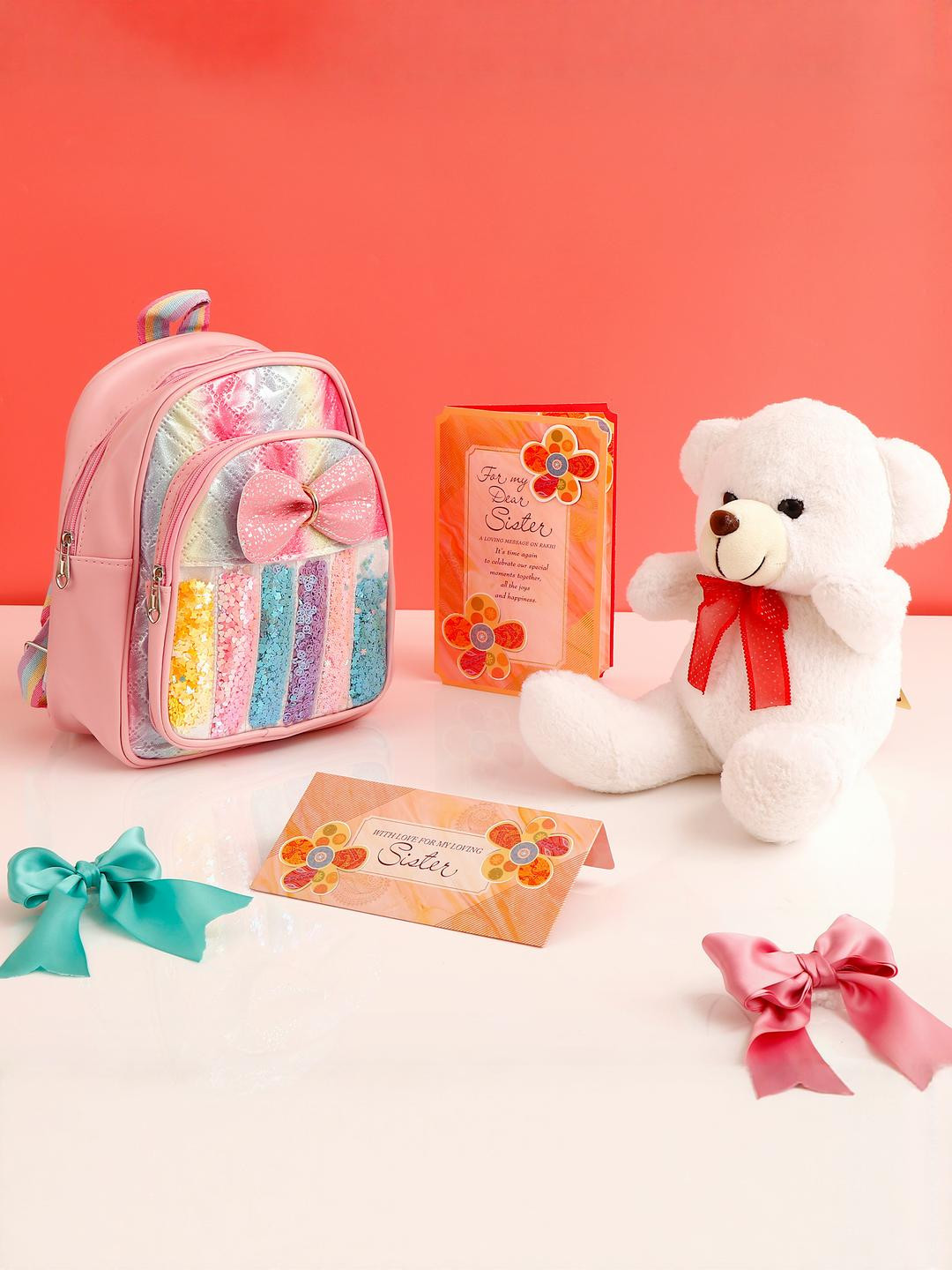 Archies Shimmer Pink Bag with White Teddy and Greeting Card Rakhi Gift Set