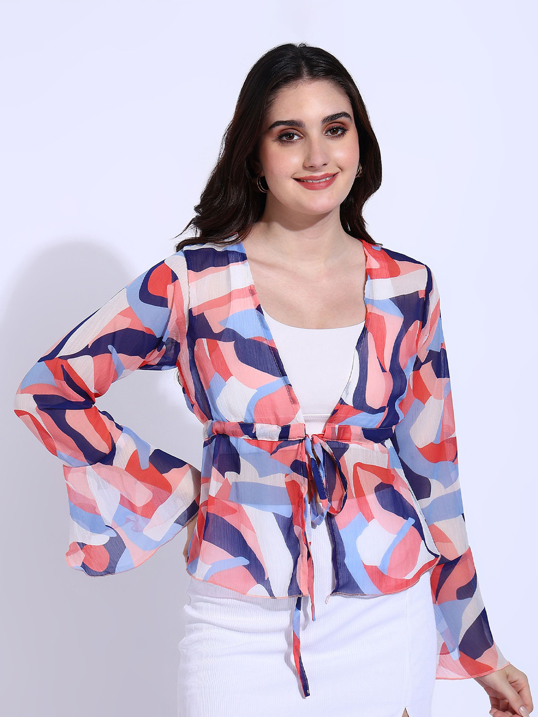 all about you Print Bell Sleeve Chiffon Cape Crop Top