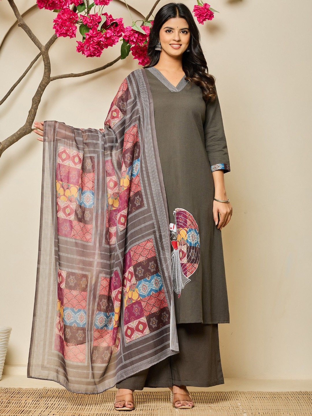 ADAA JAIPUR Women Regular Kantha Work Pure Cotton Kurta & Palazzos With Dupatta