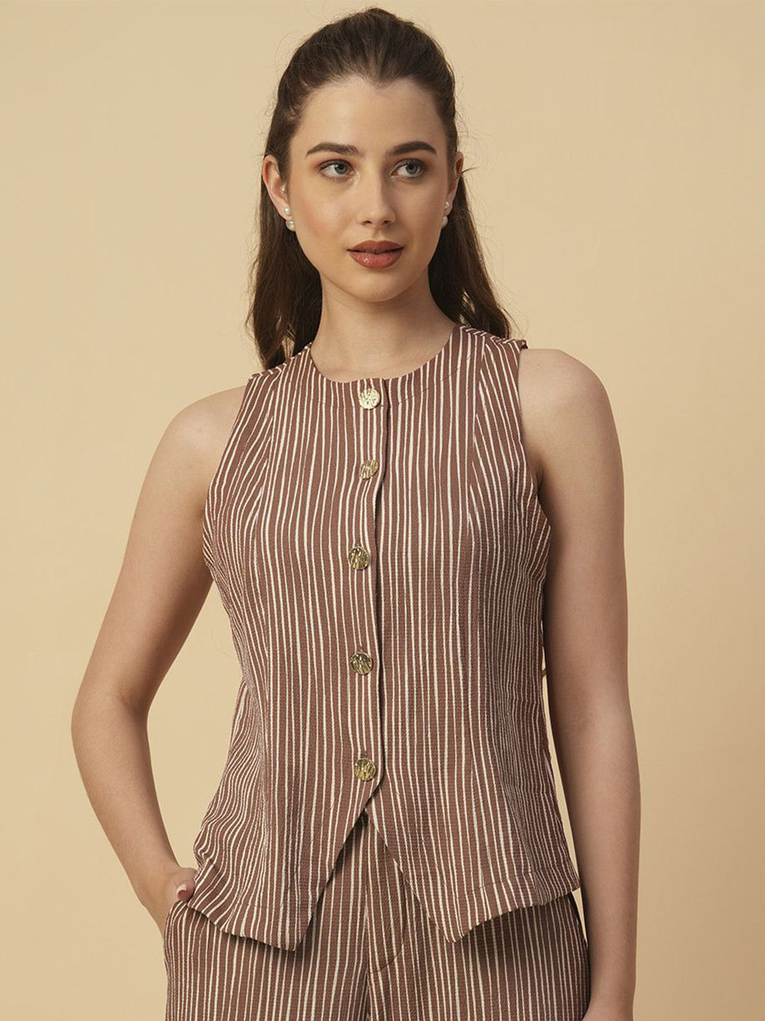 Chemistry Women Striped Waistcoat Bubble Crepe Top