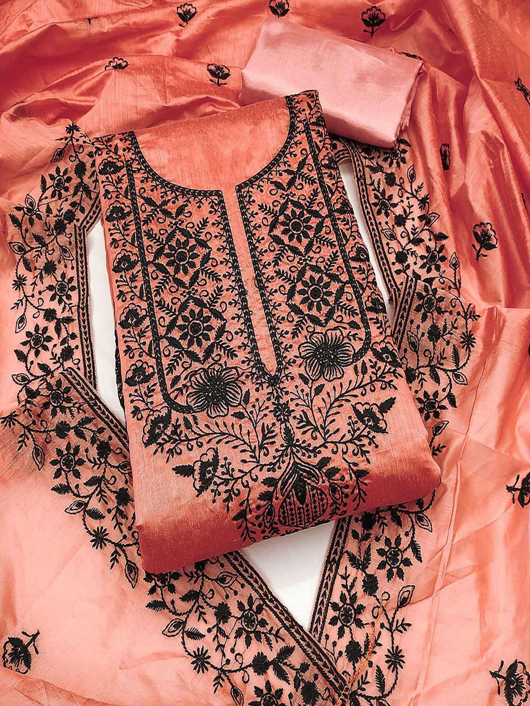 Women's Peach Floral Embroidered Chanderi Silk Unstitched Dress Material