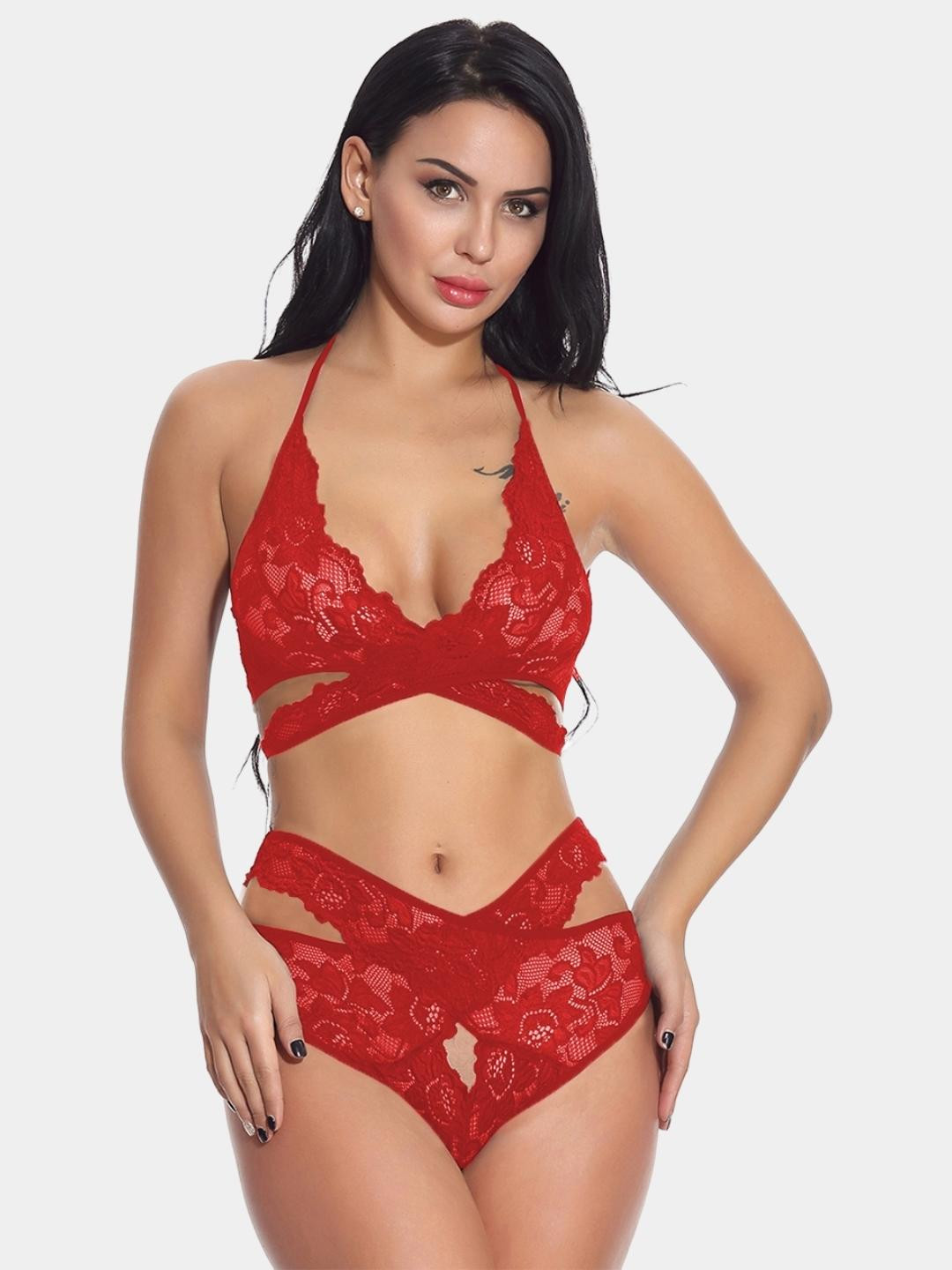 Stylish Black Floral Lace Cross-Strap Bralette With Matching High-Waist Cut-Out Panty Set