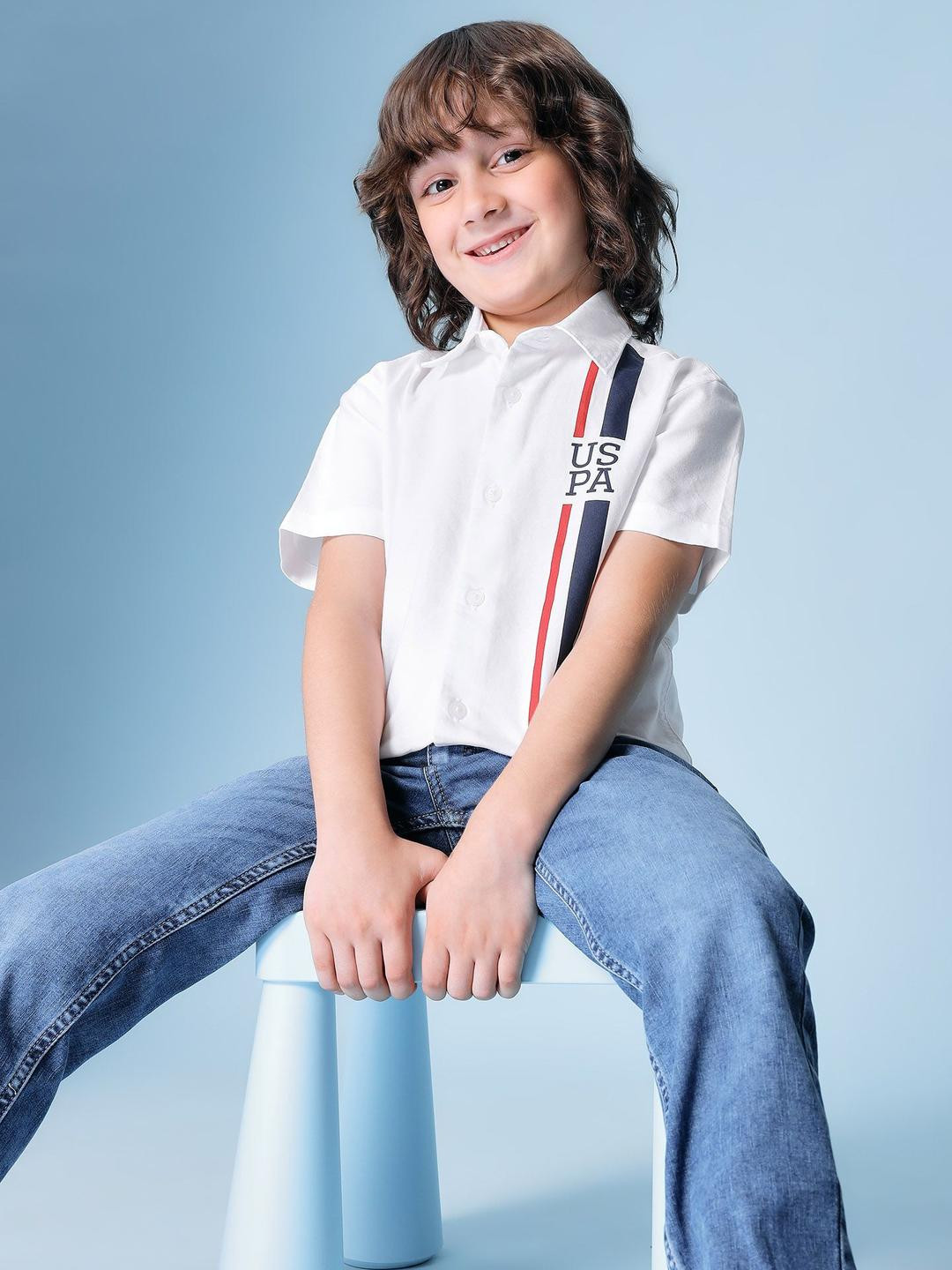 U.S. Polo Assn. Kids Boys Vertical Striped Spread Collar Oxford Pure Cotton Shirt