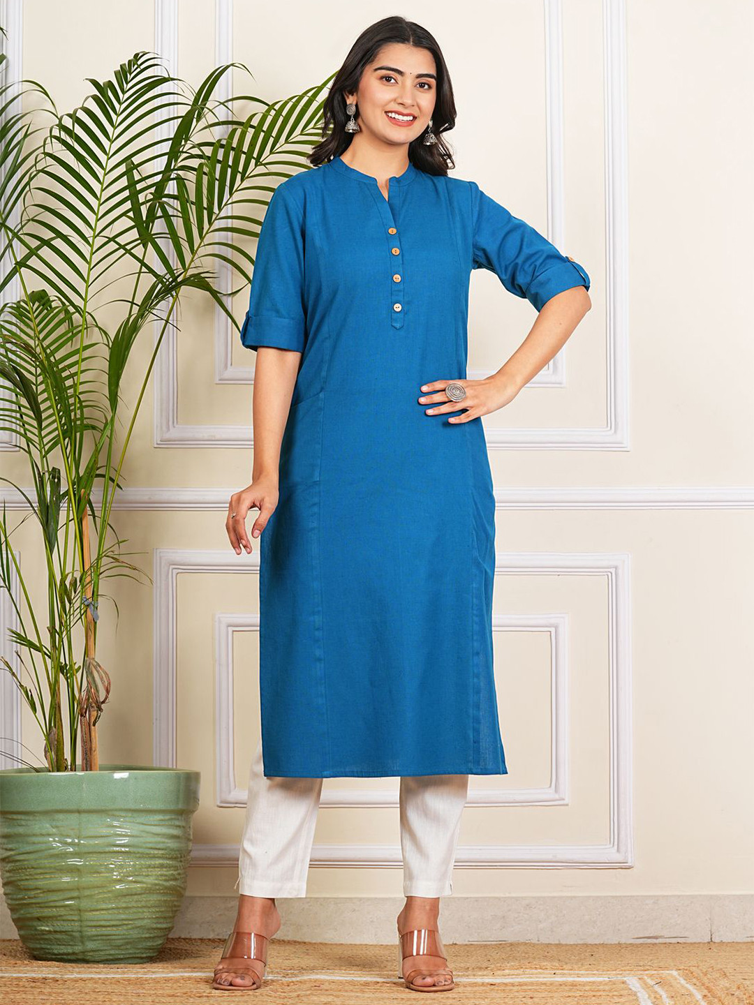 Krati Creations Women Mandarin Collar Roll-Up Sleeves Cotton Straight Kurta
