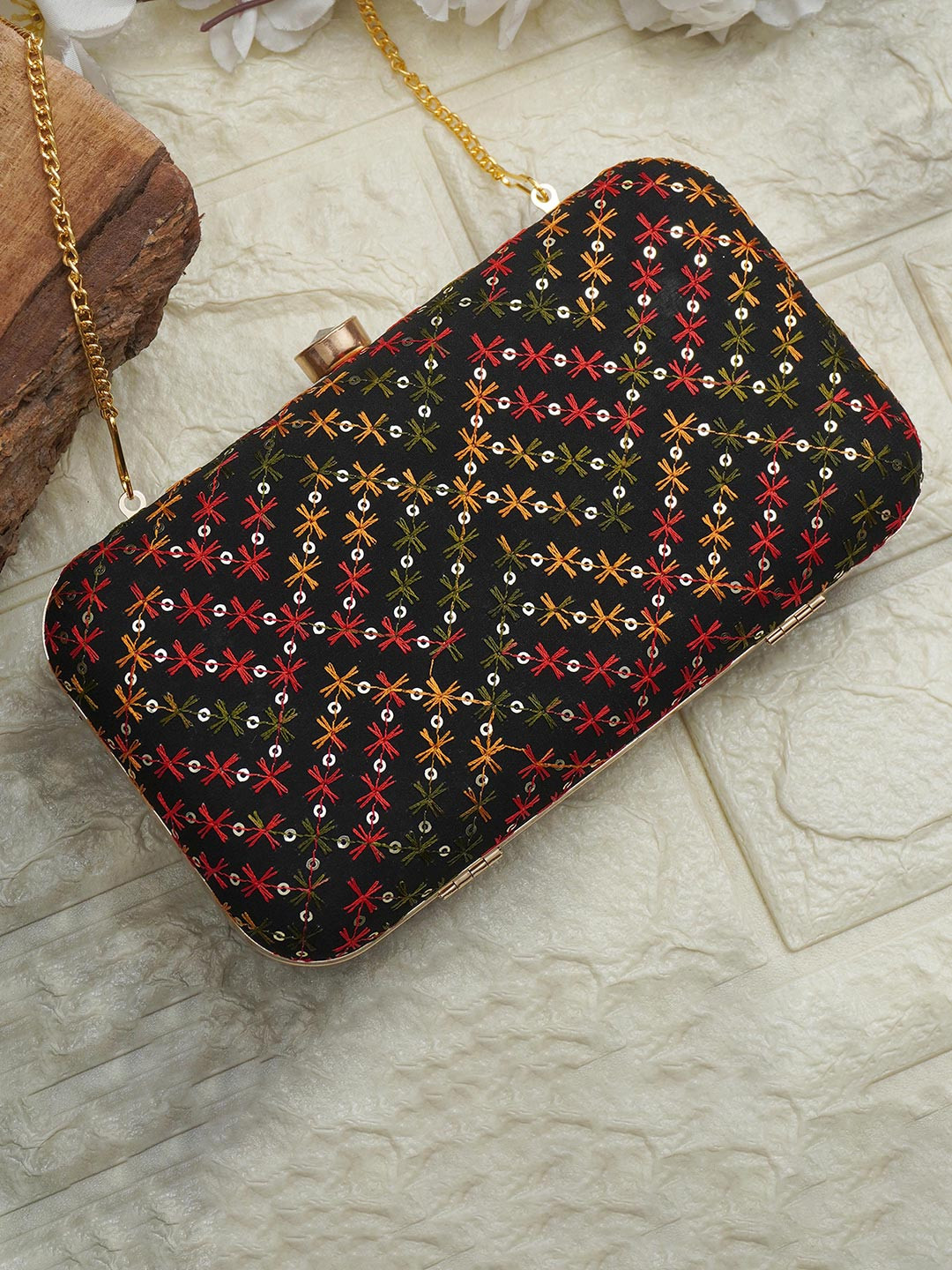 FOR THE BEAUTIFUL YOU Floral Embroidered Sequinned Box Clutch