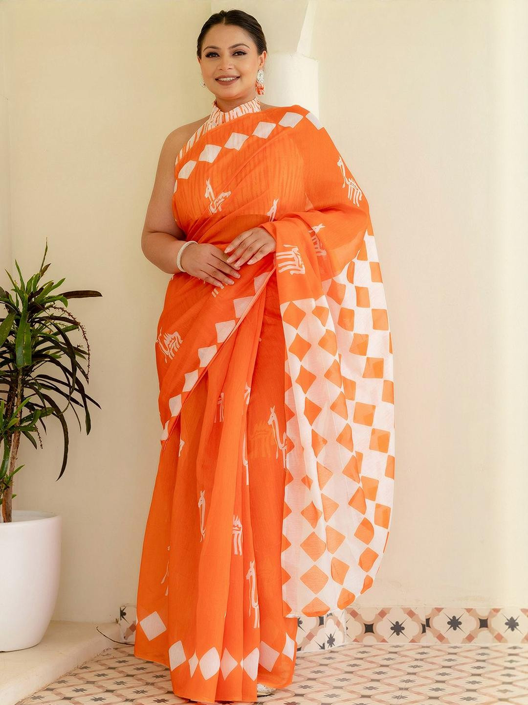 Mitera Plus Size Geometric Printed Ready to Wear Saree With Blouse Piece