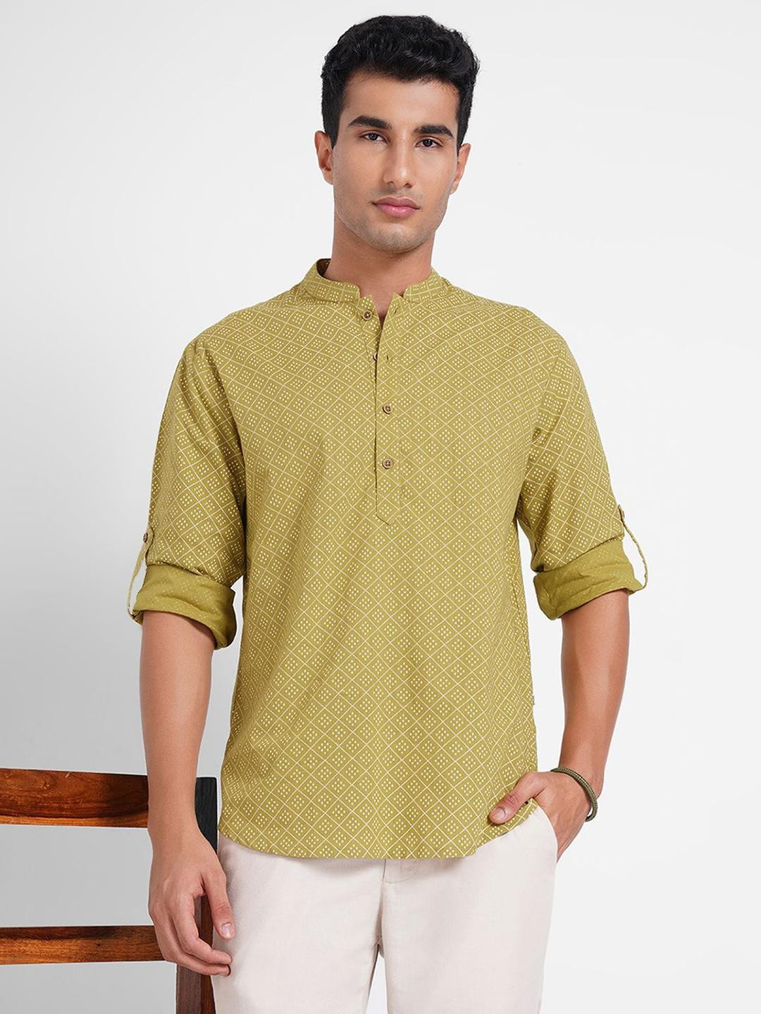 indus route by Pantaloons Men Geometric Printed Daily Pure Cotton Straight Short Kurta