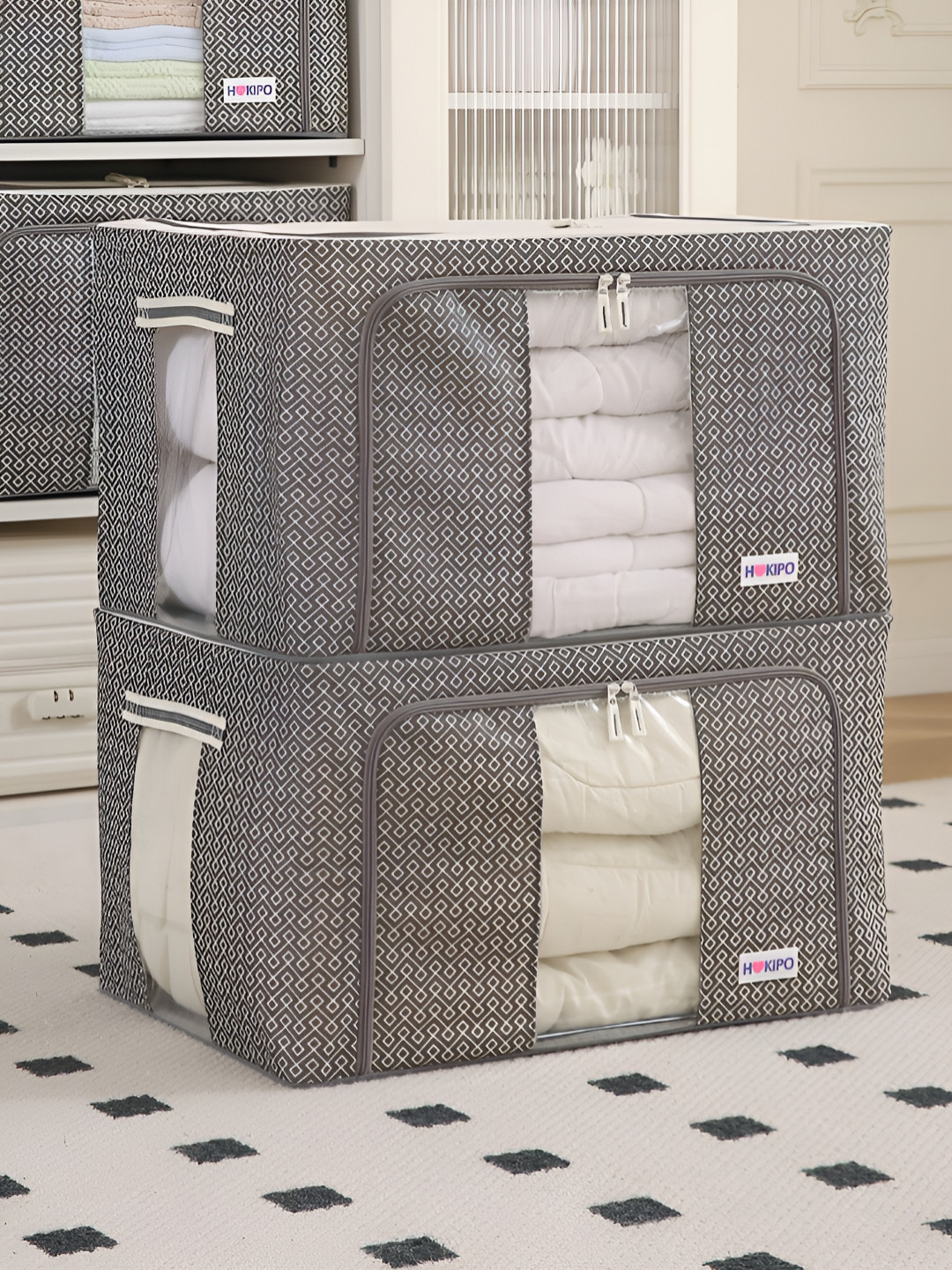 HOKIPO Grey Set of 2 Cloth Storage Box Organisers for Wardrobe - 88L