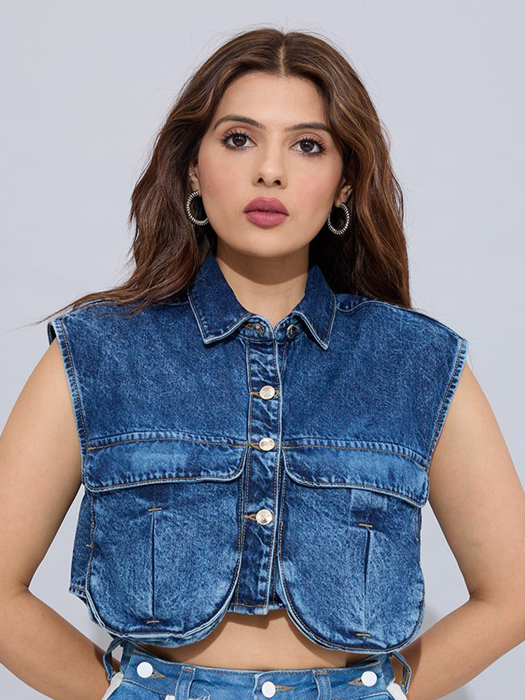 STORMY JEANS Shirt Collar Cotton Shirt Style Crop Top