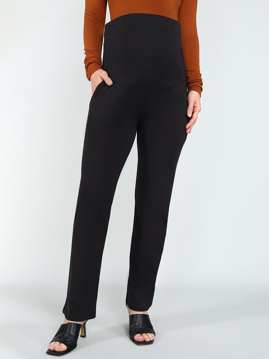 Moms Ever Women Regular Fit High Rise Black Supima Cotton Maternity Trousers