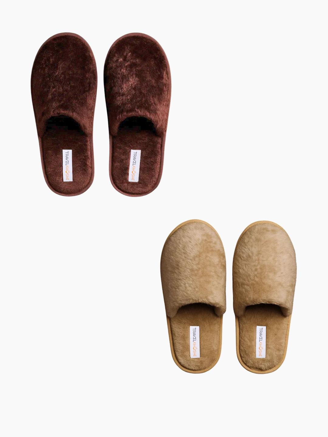TRAVELKHUSHI Unisex Combo Brown & Offwhite Slip-On Soft Fur Home Slippers