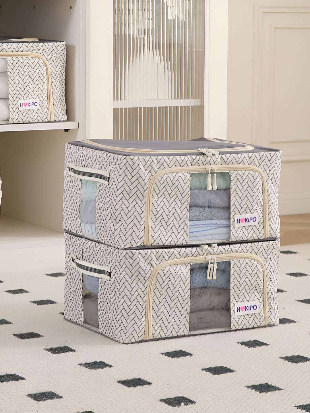 HOKIPO Cream-Coloured Set of 2 Cloth Storage Box Organisers for Wardrobe - 24L