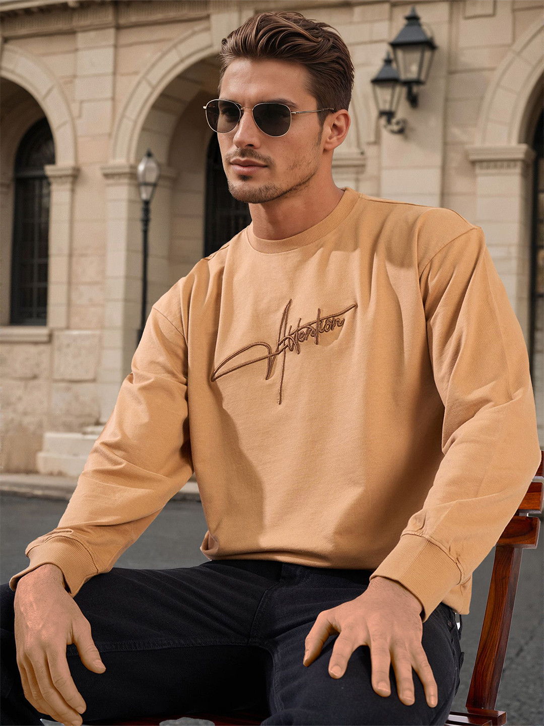 Bene Kleed Men Round Neck Embroidered Pullover Light weight Sweatshirt
