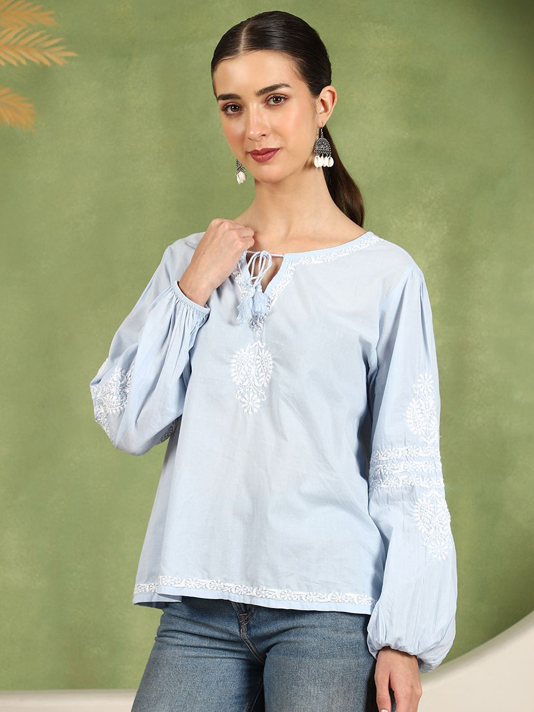 ILLICA Women Embroidered Keyhole Neck Bishop Sleeves Cotton Top