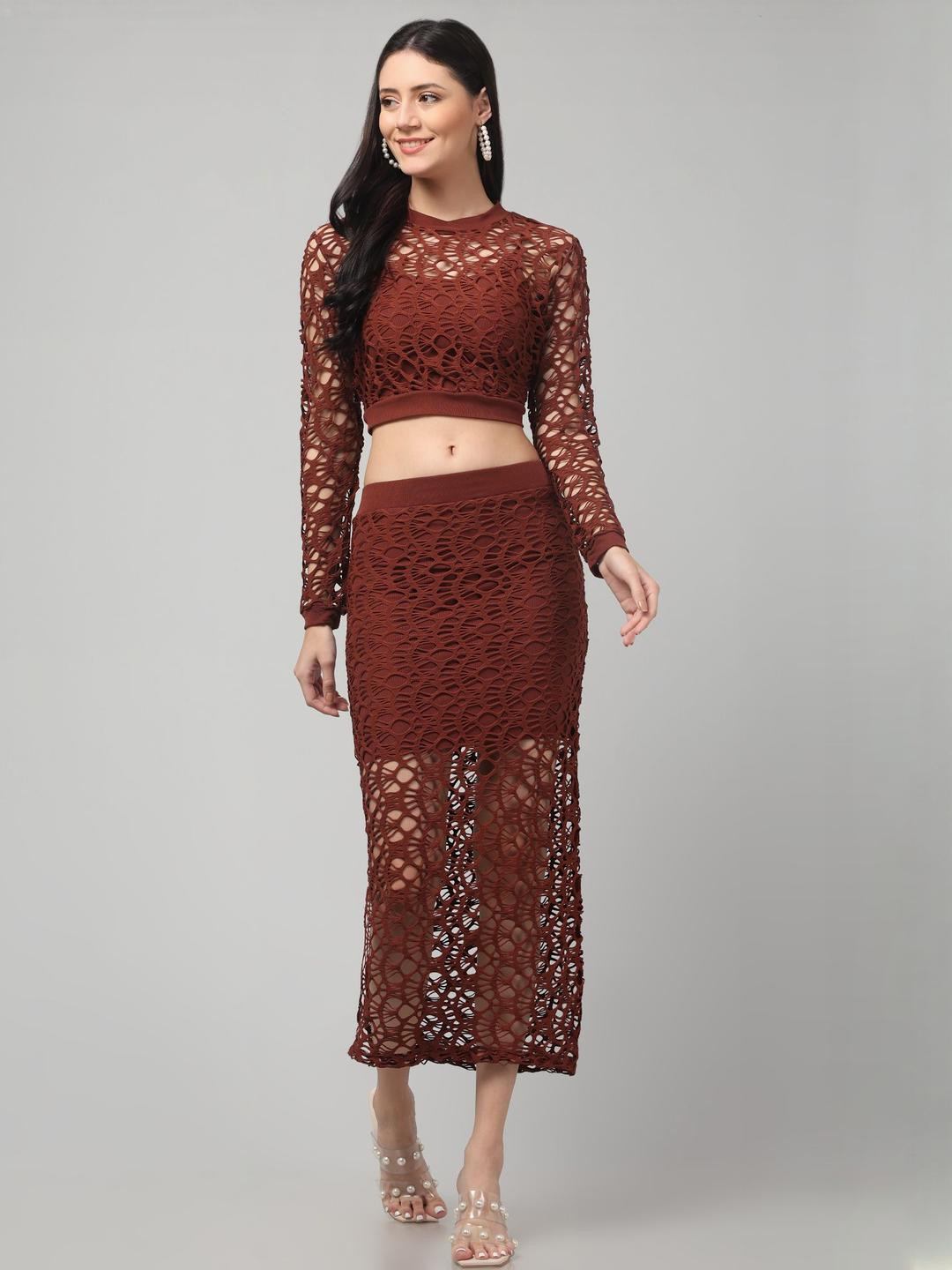 Maroon Self Design Round Neck Long Sleeve Top With Skirt Co-Ords