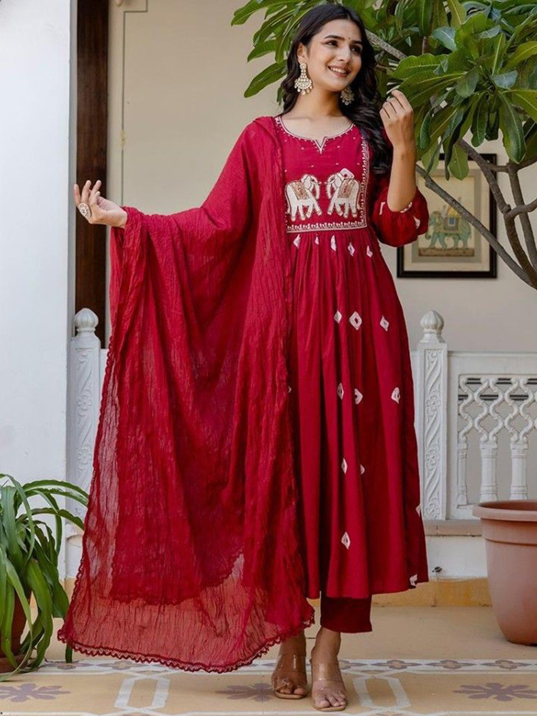 AREEH Women Bandhani Embroidered Cotton Anarkali Kurta with Trousers & Dupatta