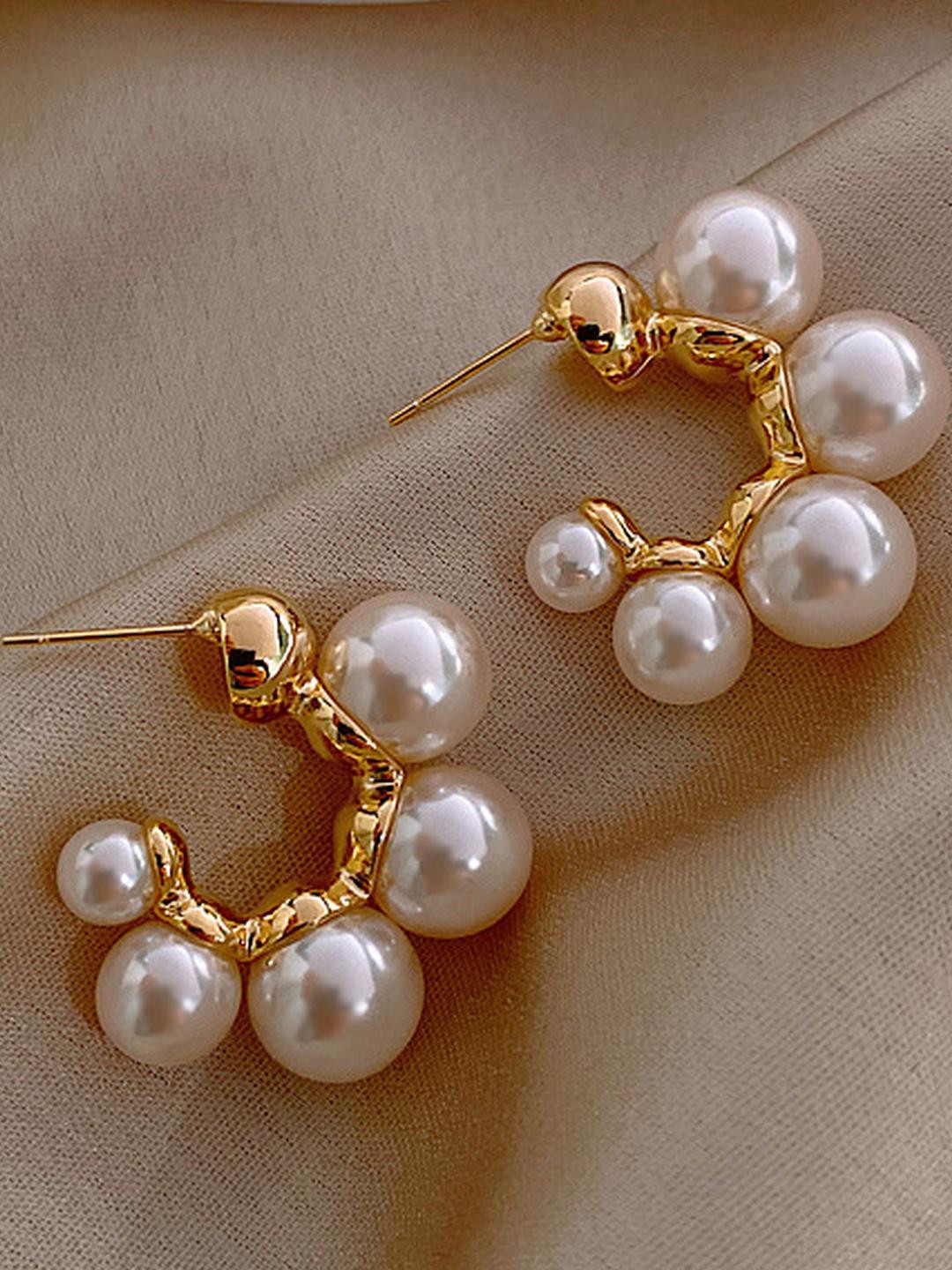 Anouk Women Pair Of Circular Pearls Half Hoop Earrings