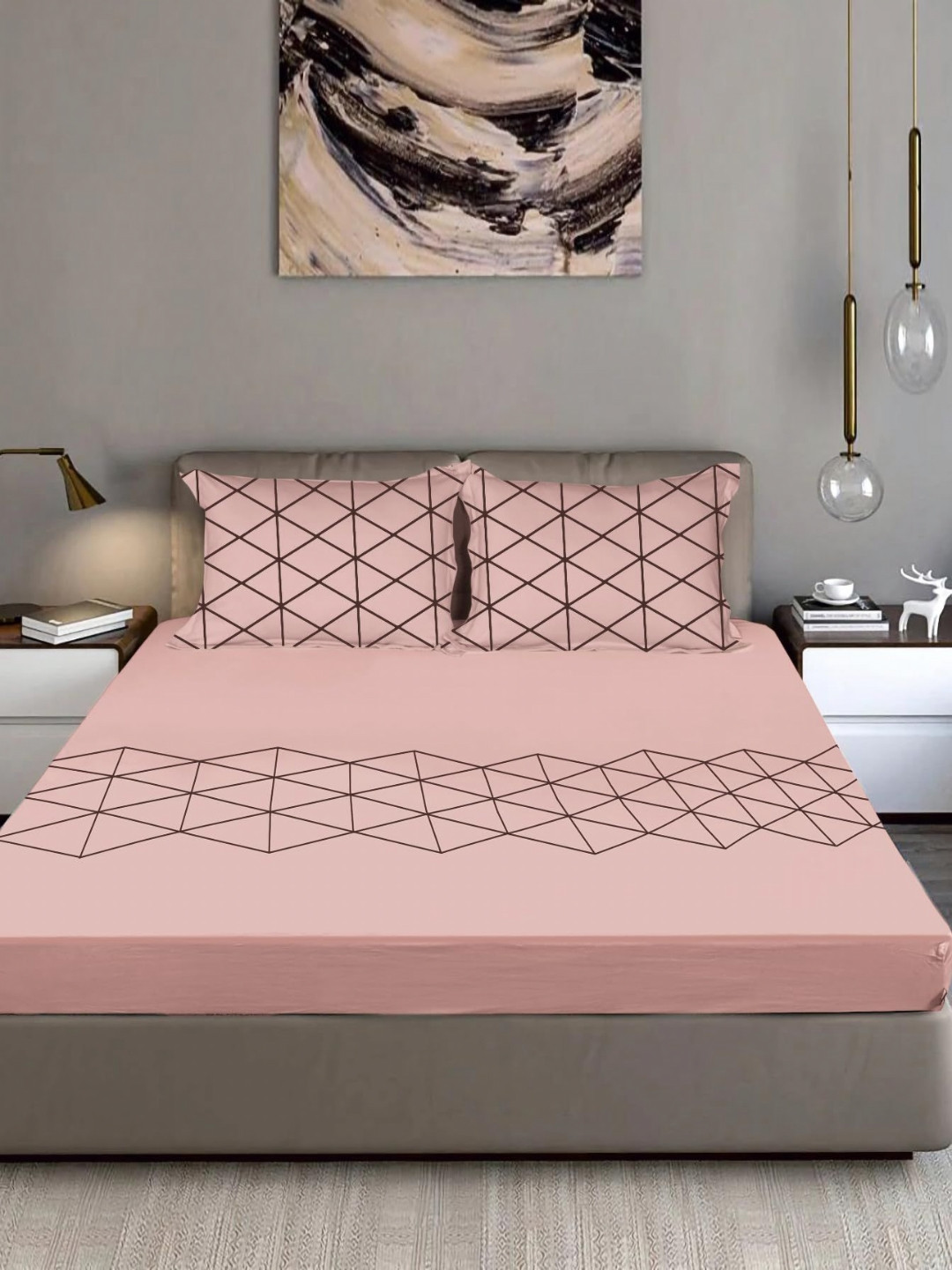 Bodycomfy Jersey Pink Geometric Cotton Fitted 400 TC King Bedsheet Set 1.98m  x 1.8 m