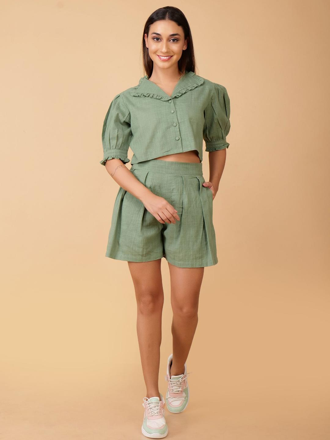 COORDSHUB Pure Cotton Shirt collared Half Sleeve Top With Short Co-Ords