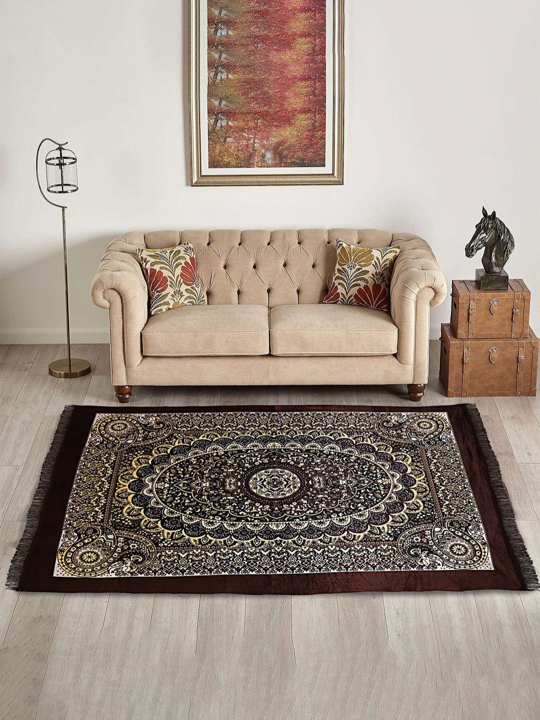 RUBOXA Brown Ethnic Motifs Printed Anti-Skid Velvet Carpet