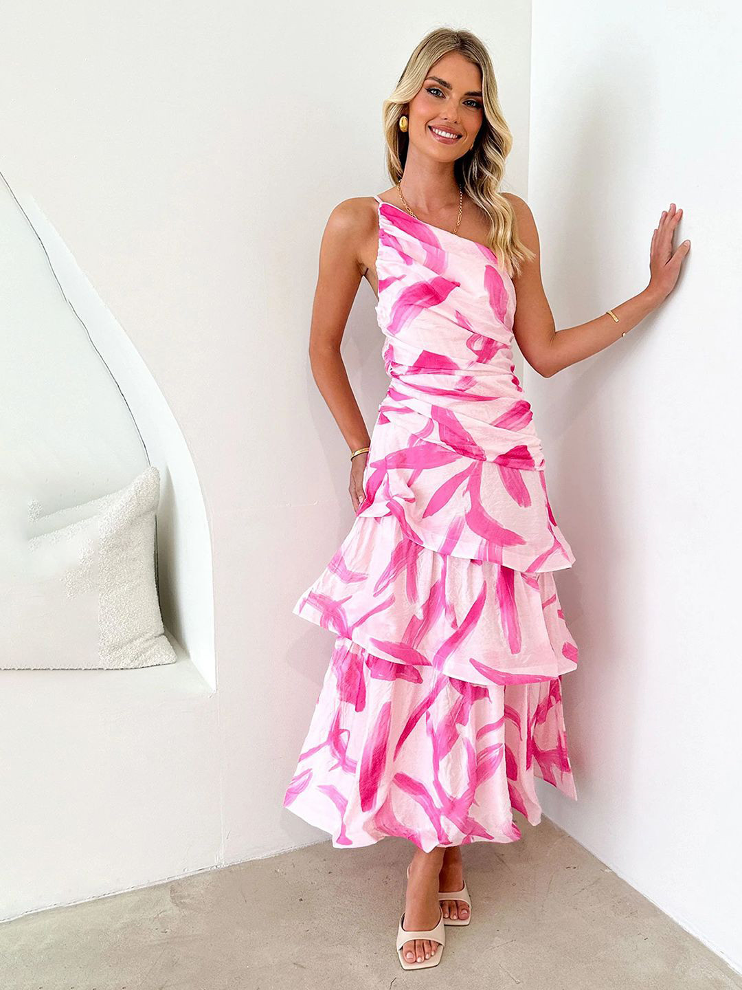 JC Mode Abstract Printed One Shoulder Ruched Layered A-Line Maxi Dress