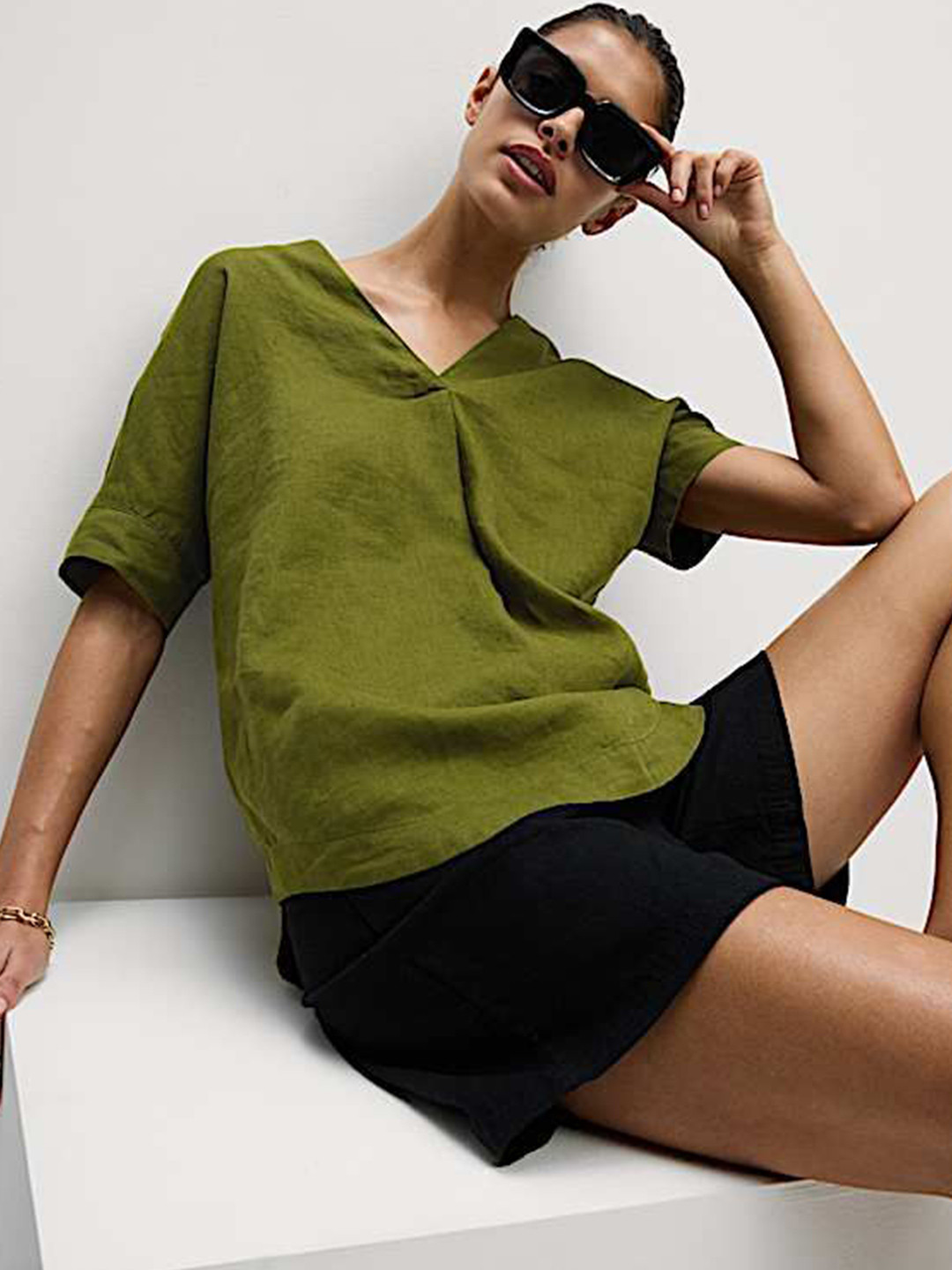 Marks & Spencer Women Pure Linen V-Neck Relaxed Popover Top
