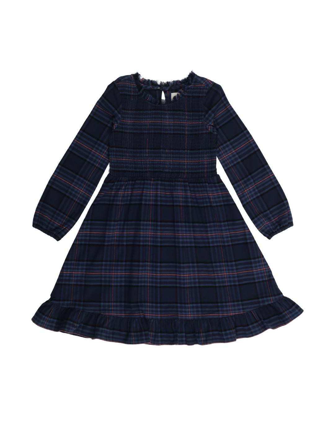YOUNG BIRDS Girls Checked Long Sleeve Fringed Neck Fit & Flare Dress
