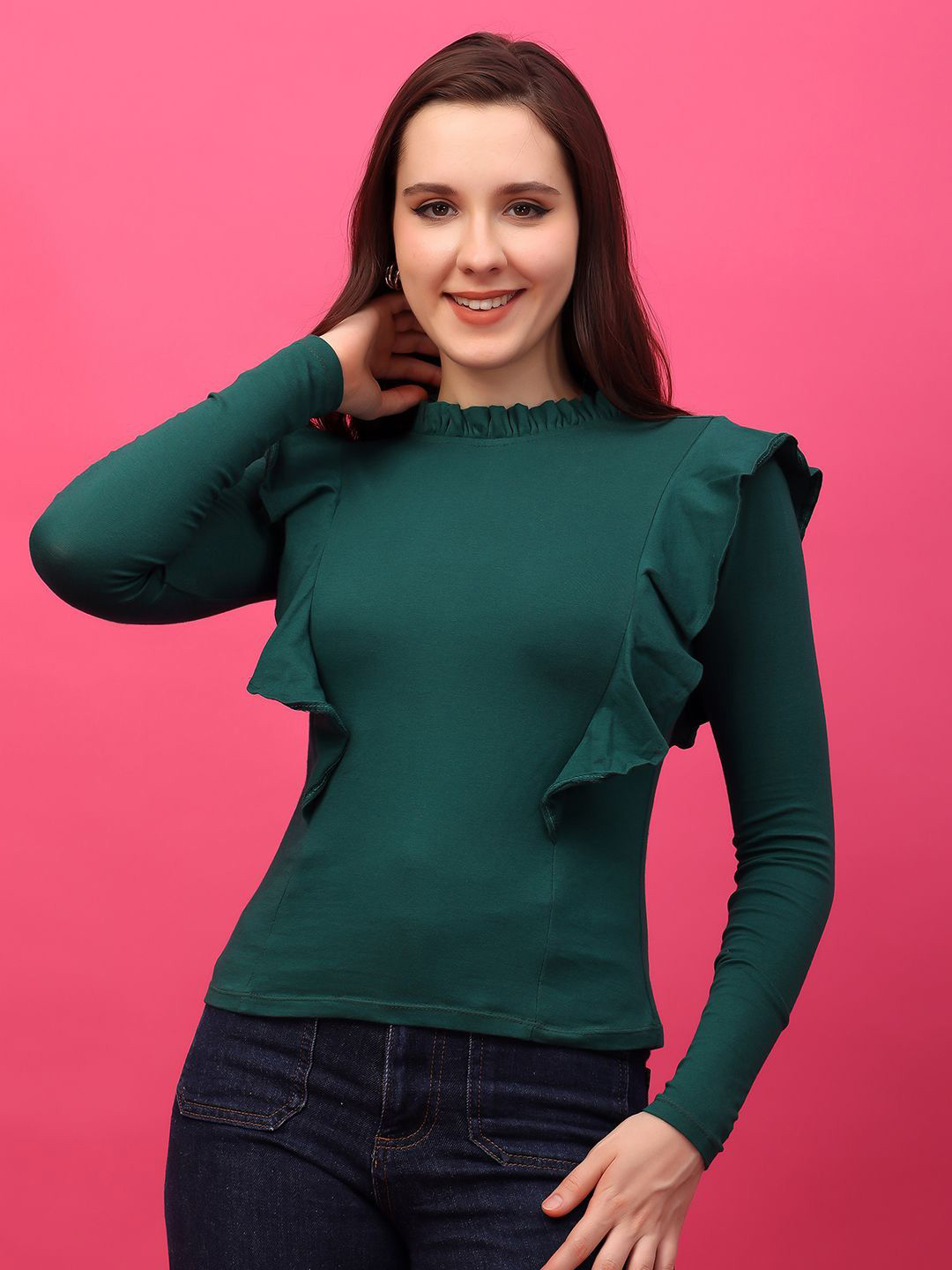 MINOS Ruffles Detail Cotton Fitted Top