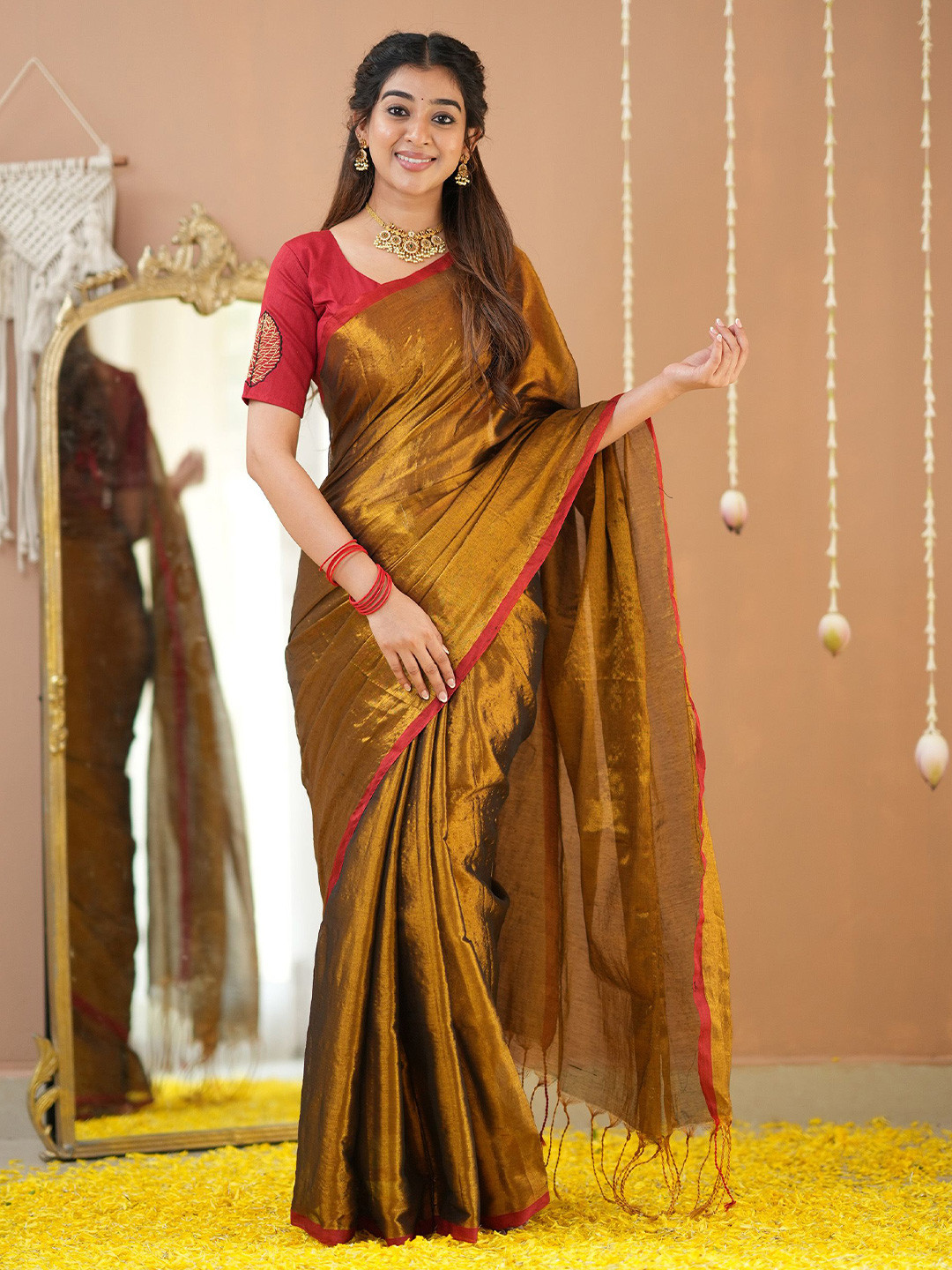 RAAG VARNAM Gold Tissue Saree With Designer Blouse