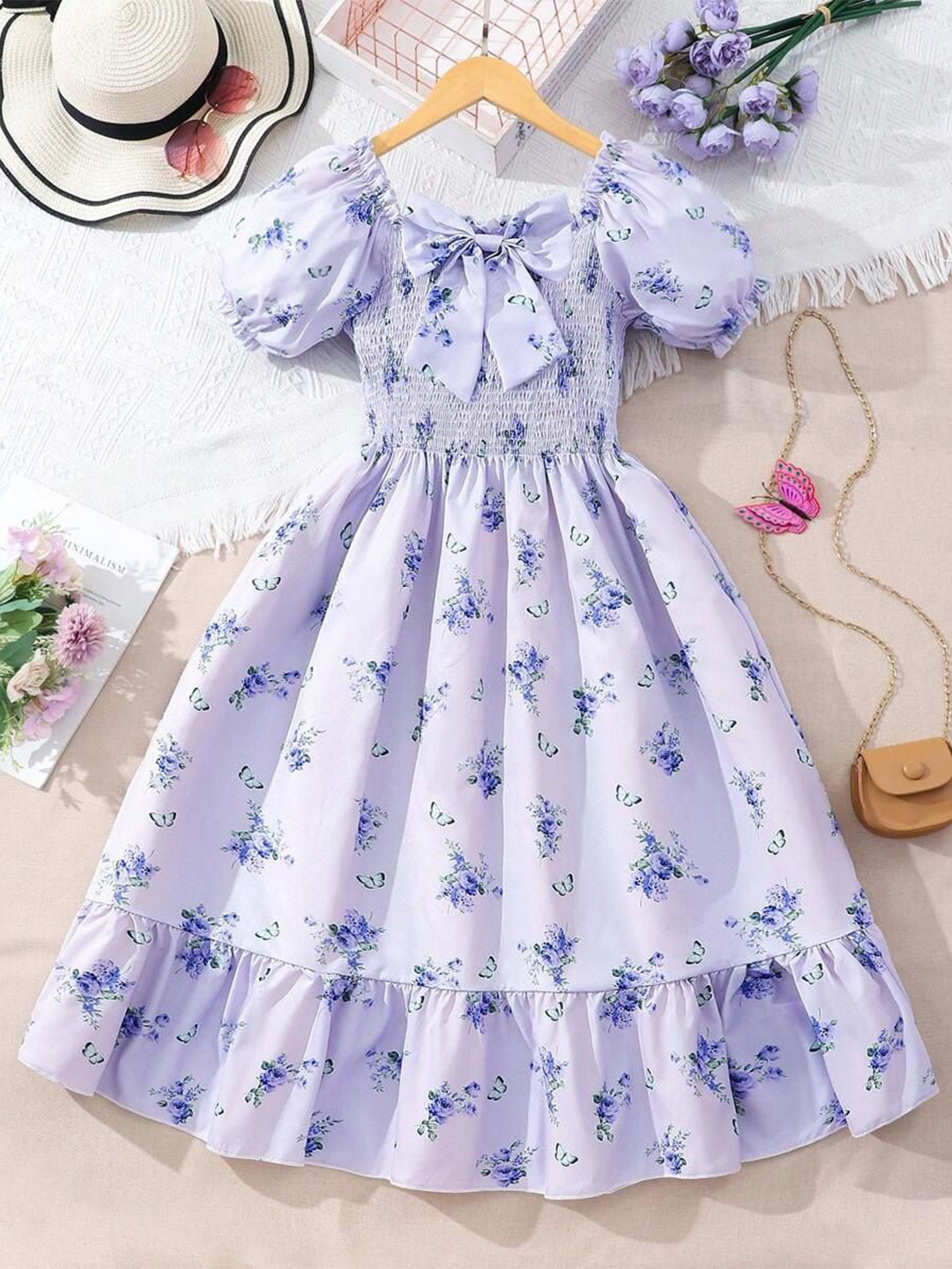 YK Girls Floral Print Toe Up Neck Smocked Fit & Flare Puff Sleeves Maxi Dress