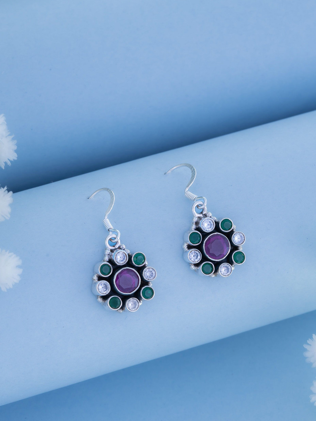 Dab 937 Sterling Silver Artificial Stones Studded Floral Shaped Drop Earrings