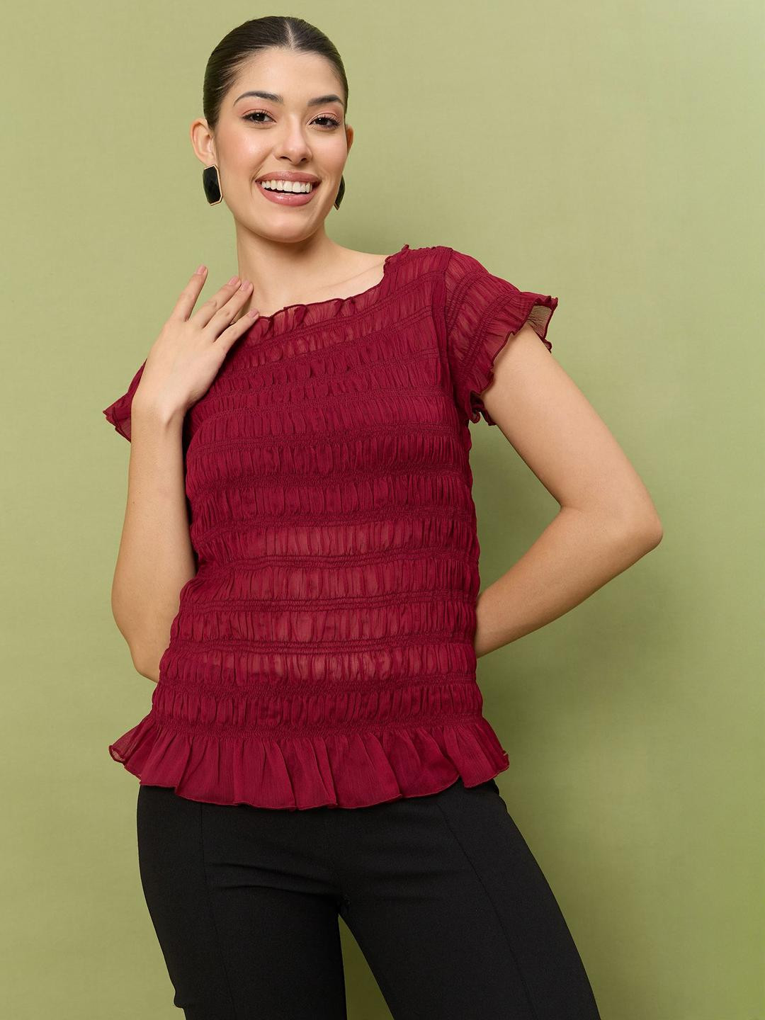 Antheaa Sheer Smocked Square Neck Regular Peplum Top
