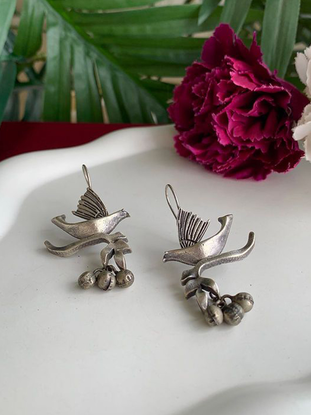 Dulcett Silver Plated Bird Shaped Oxidised Drop Earrings