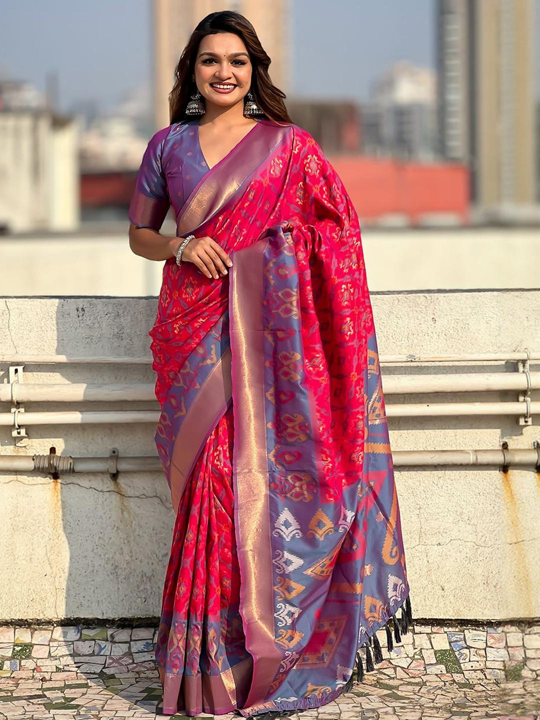 ELITE WEAVES Pink Geometric Woven Design Patola Silk Saree
