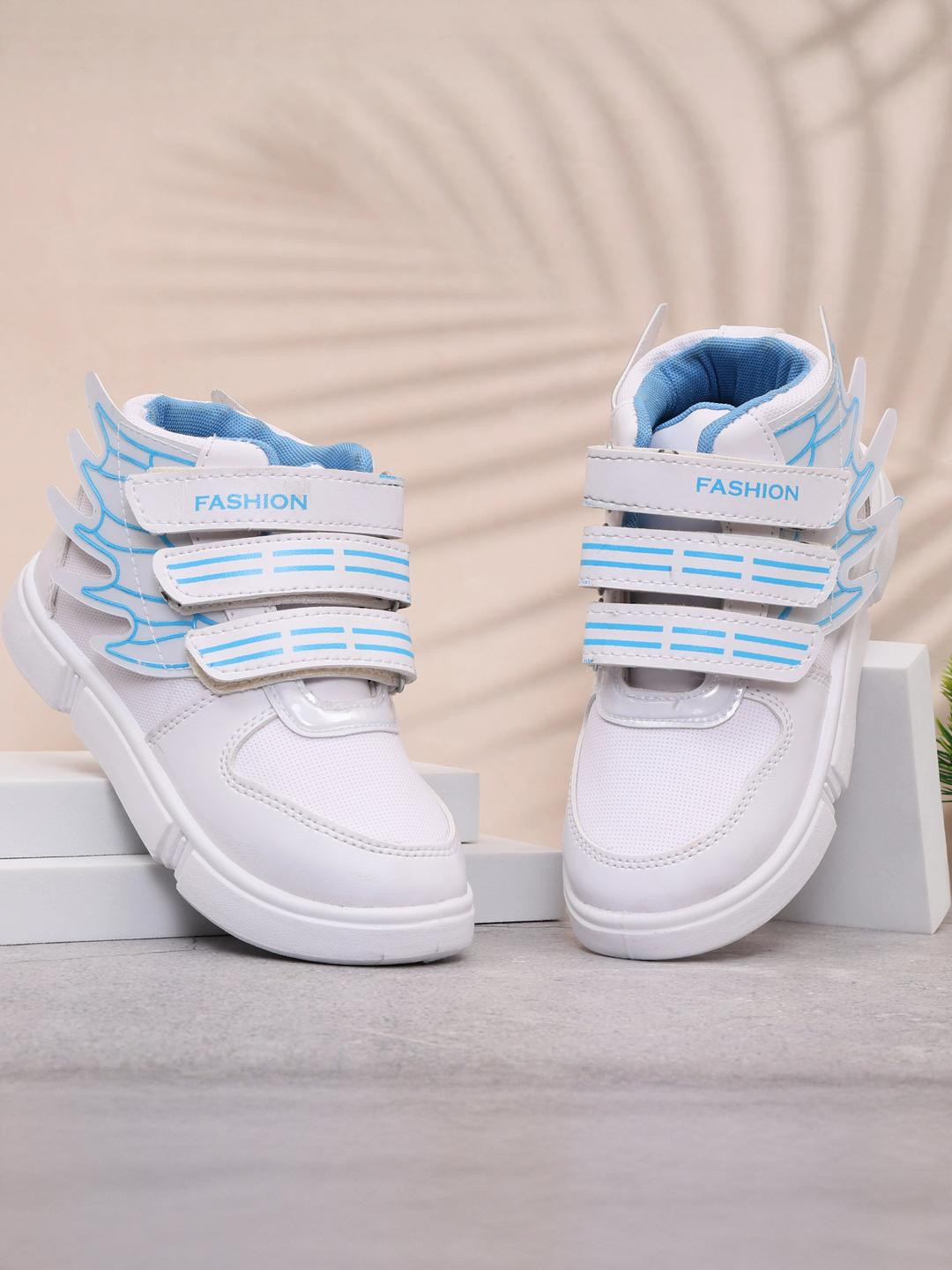 PU-PINE Boys White & Blue Synthetic Leather Round Toe Velcro Sneakers