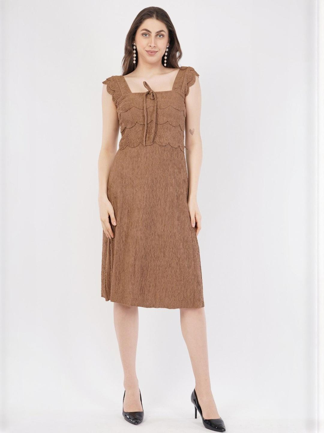 Deshi Girl Women Square Neck A-Line Midi Dress with Scalloped Layers