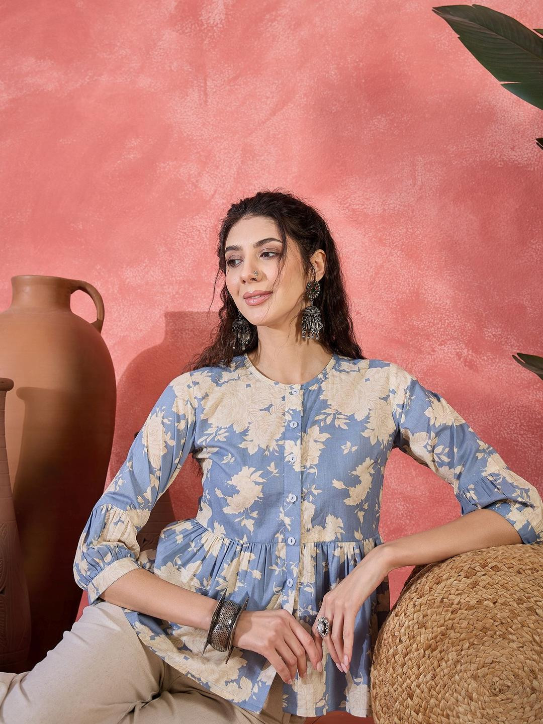 Sangria All Over Women Floral Printed Gathered or Pleated Pure Cotton Peplum Top