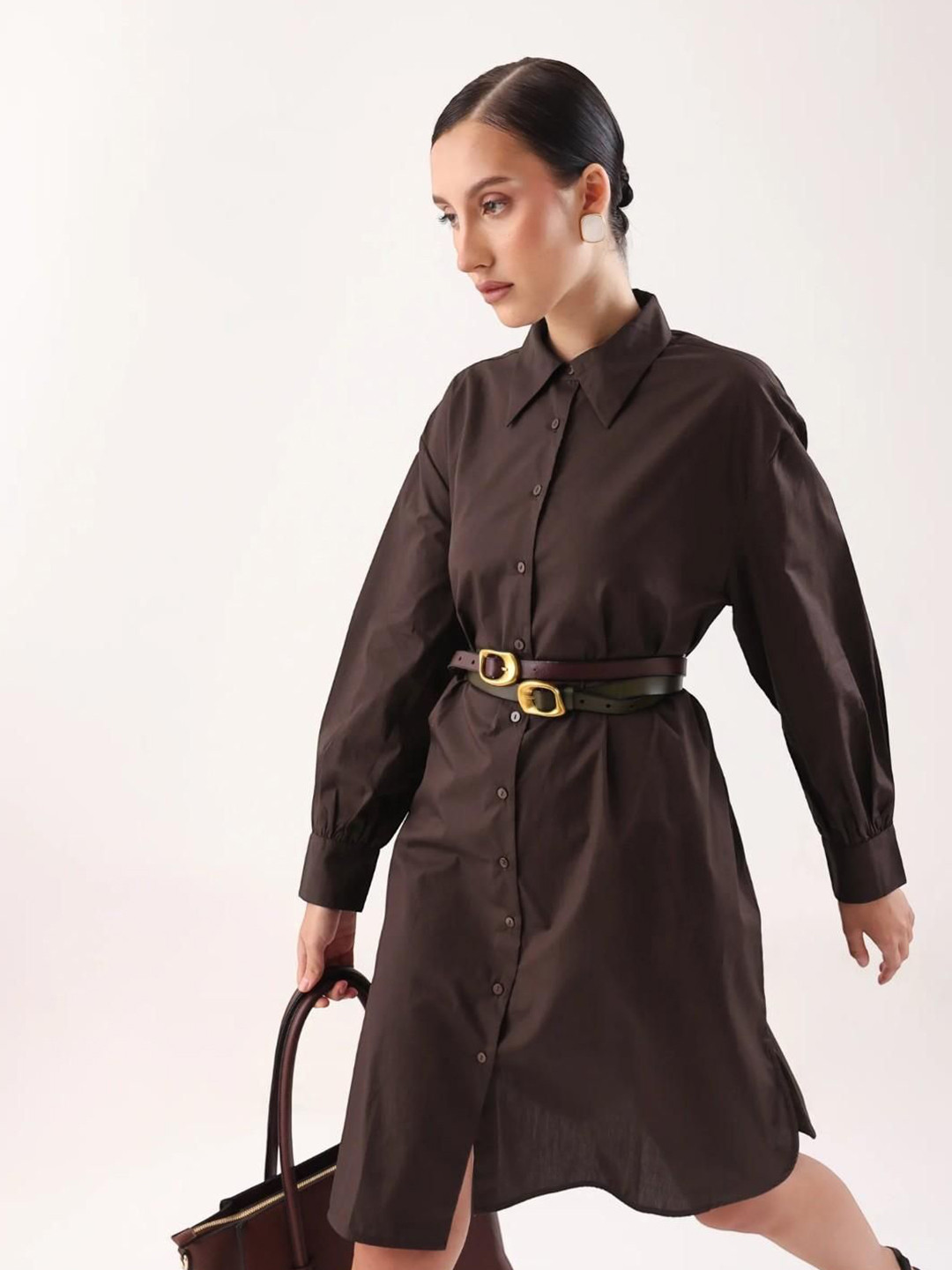 RAREISM Women Plain Cotton Cuffed Sleeves Shirt Dress