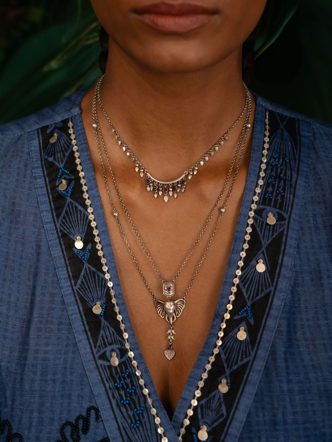 SHAYA 925 Sterling Silver Stone Studded The Anchor Elephant Statement Layered Chain