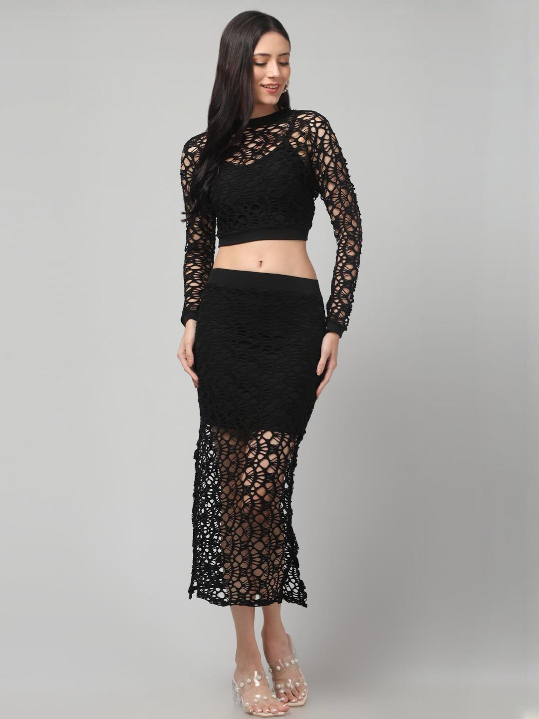 clobug Black Embellished Round Neck Long Sleeve Top With Skirt Co-Ords