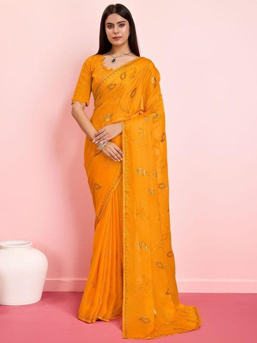 KARAGIRI Floral Embellished Sequinned Pure Chiffon Saree With Zircon Embllishment