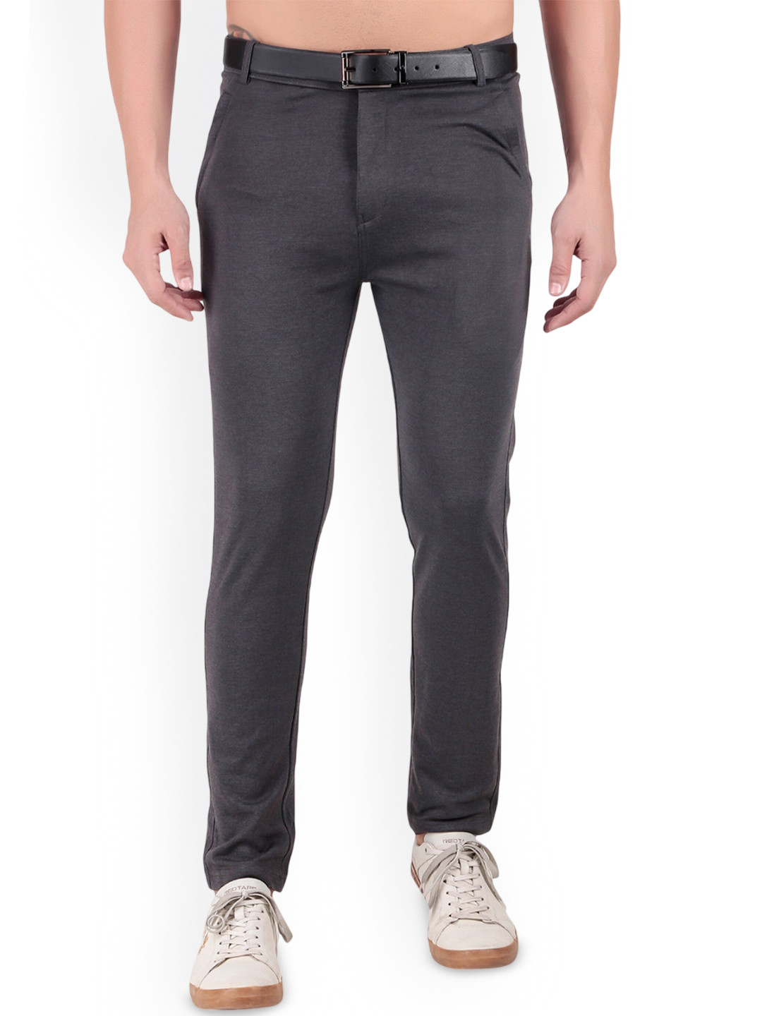 beUNIQ Charcoal Solid High-Rise Regular Fit Trousers