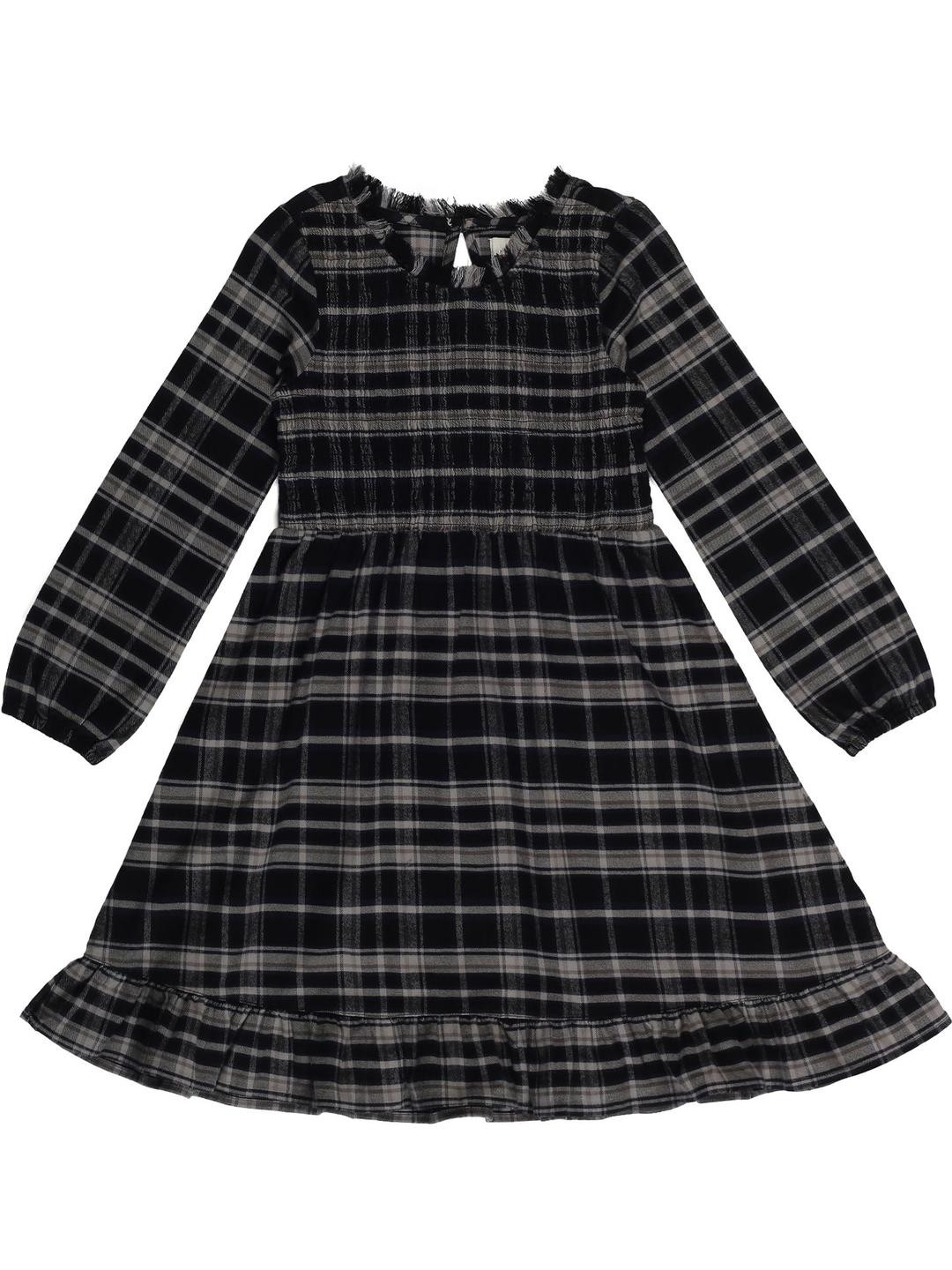 YOUNG BIRDS Girls Checked Tiered Fringed Round Neck Puff Sleeves Fit & Flare Dress