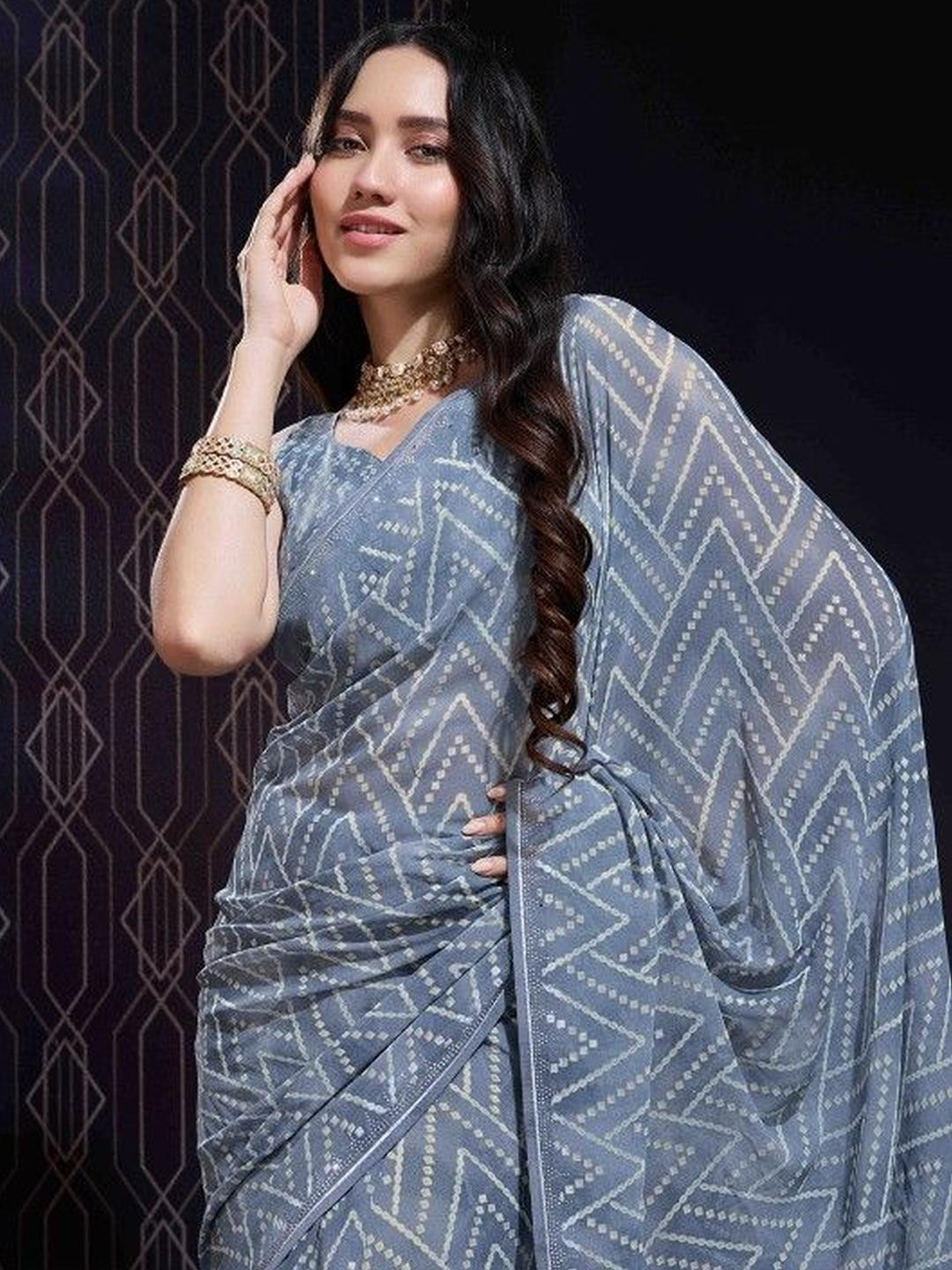 KARAGIRI Grey Georgette Swarovski Stone Embellished Printed Saree