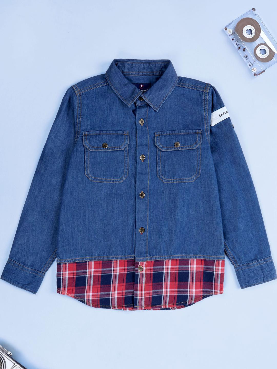KiddoPanti Boys Printed Spread Collar Denim Pure Cotton Shirt