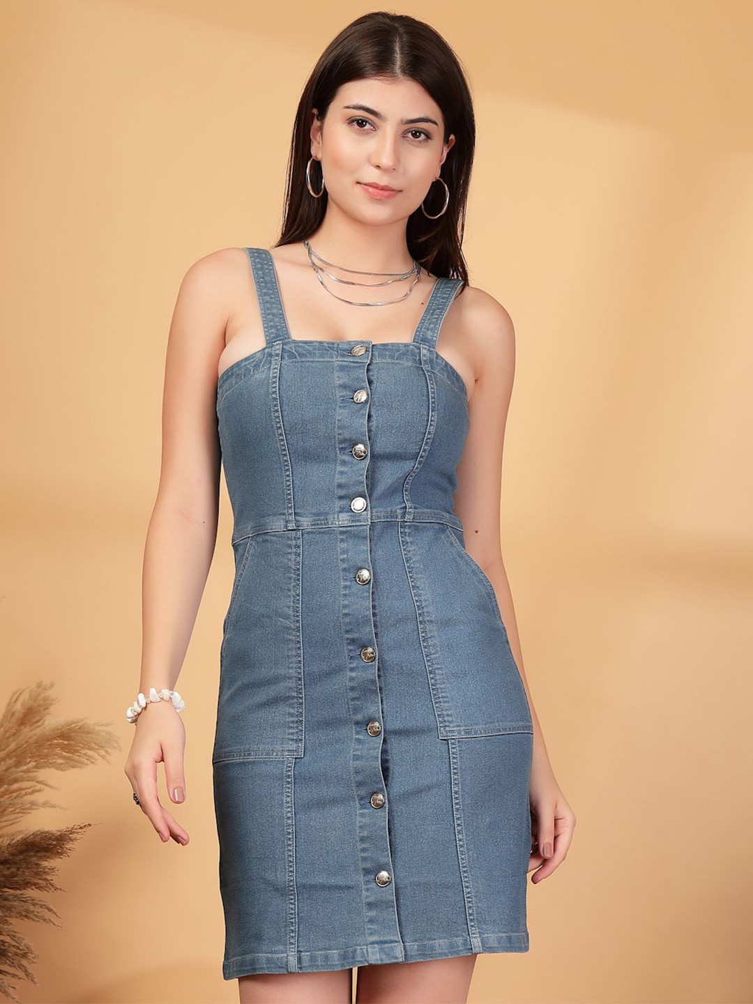 COSMIC TRIO Women Shoulder Straps Denim Pinafore Dress